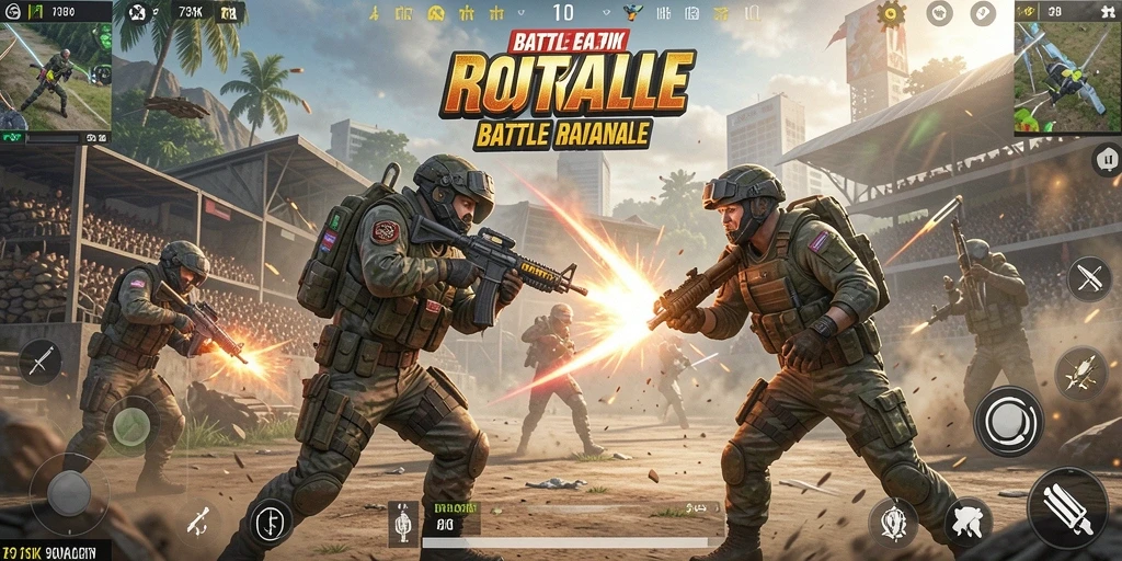 Screenshot utama 73K menampilkan aksi seru dalam pertempuran Battle Royale.