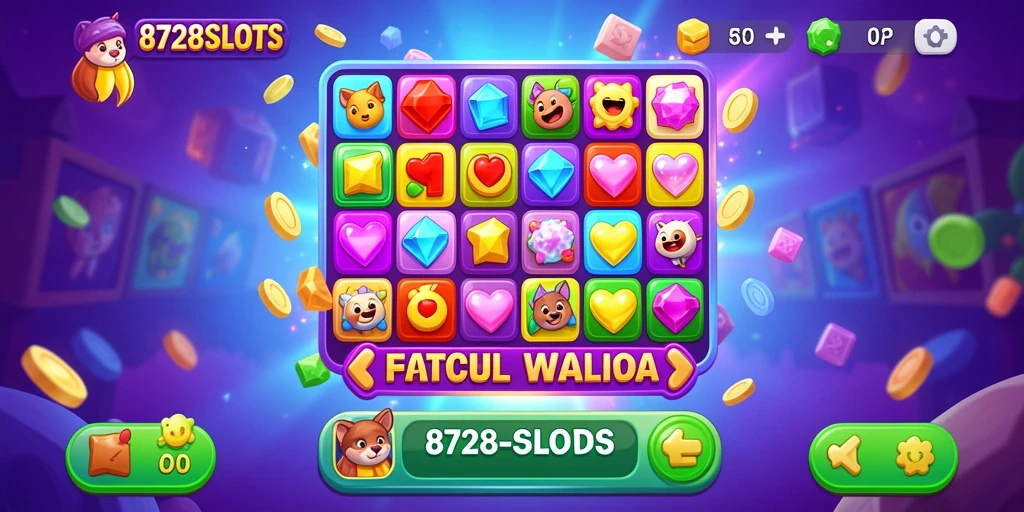 Screenshot utama 8728SLOTS menampilkan gameplay Match-3 yang seru.