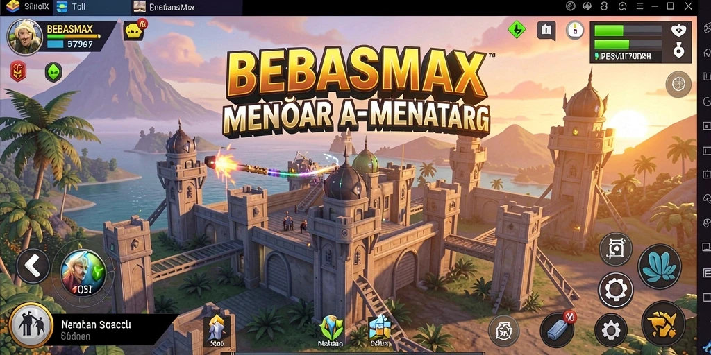 Screenshot BEBASMAX menampilkan aksi menara pertahanan dalam pertempuran.