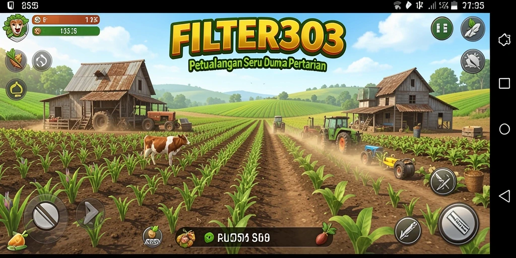 Tampilan gameplay FILTER303 menampilkan suasana pertanian yang cerah dan menantang.