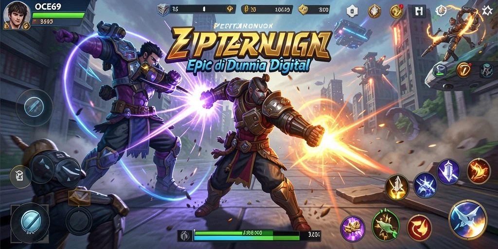 Screenshot OCE69 menampilkan pertarungan seru antar karakter di arena.