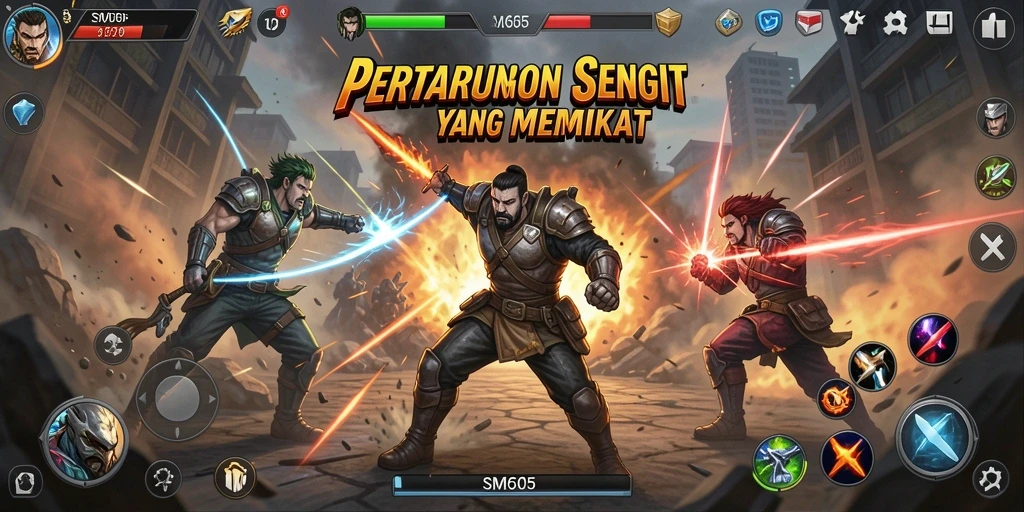 Screenshot gameplay SM605 yang menunjukkan aksi pertarungan mendebarkan.
