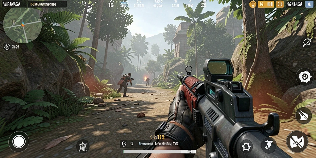 Tangkapan layar gameplay menegangkan dari WIRANAGA dengan aksi tembak-menembak.